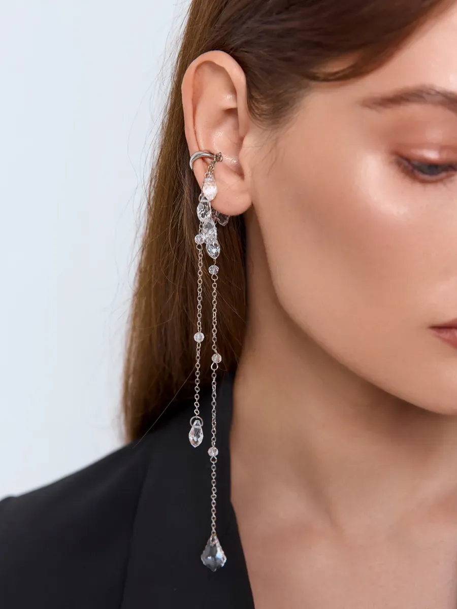 Серьга кафф без прокола длинная с цепочкой